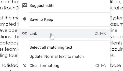 A cursor hovers over the Link option in a drop-down menu.